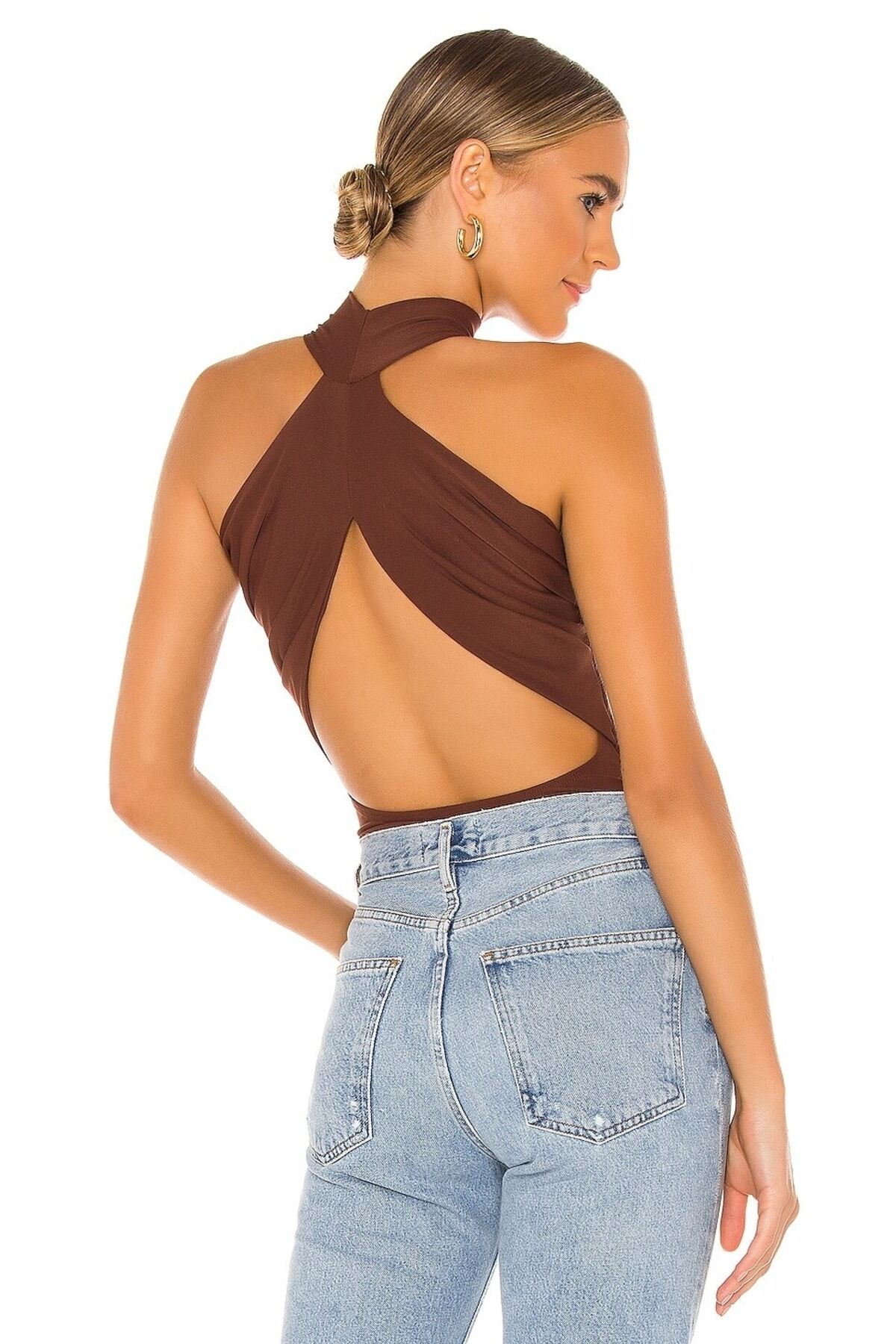 Kadın Kahverengi Sırt Dekolte Jarse Bodysuit Kahverengi̇ - L