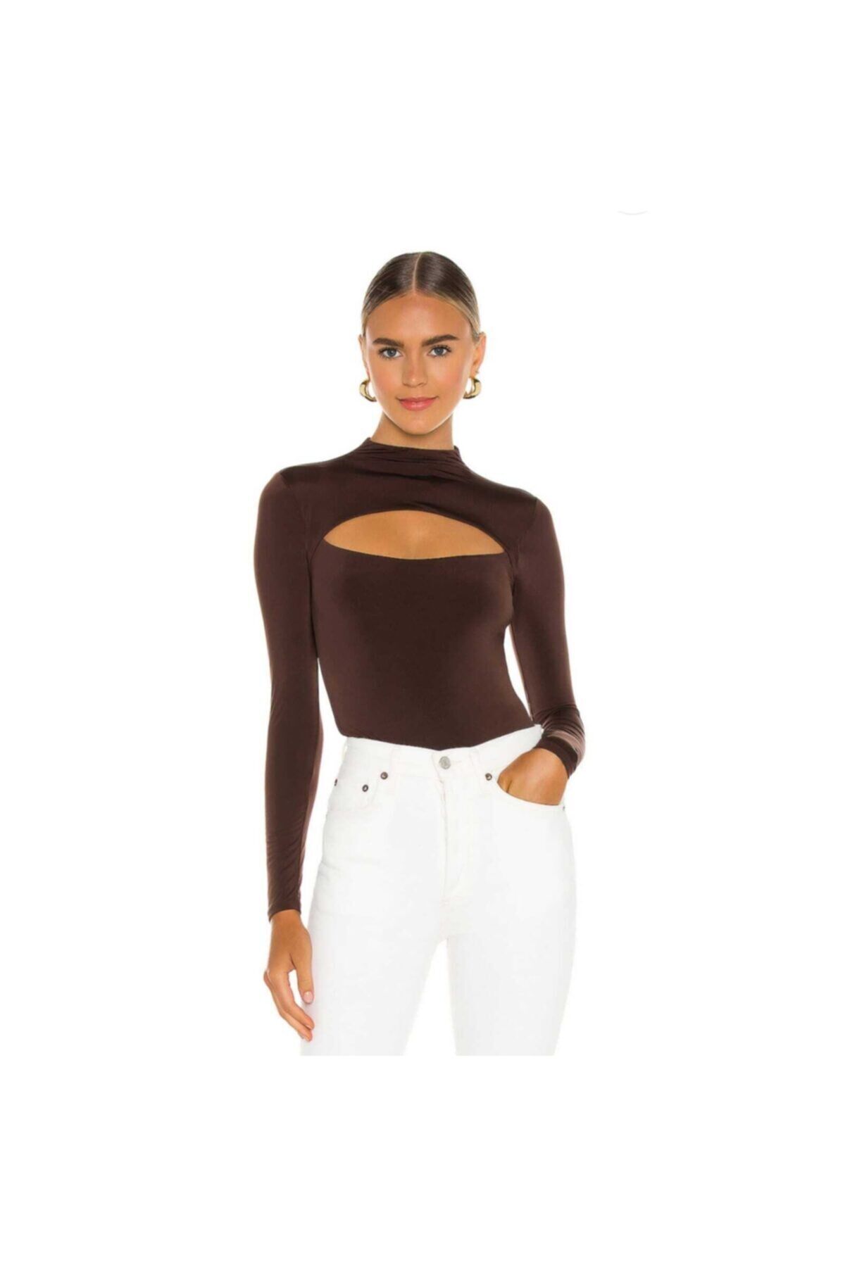 Kadın Uzun Kol Göğüs Dekolte Ipek Jarse Bodysuit