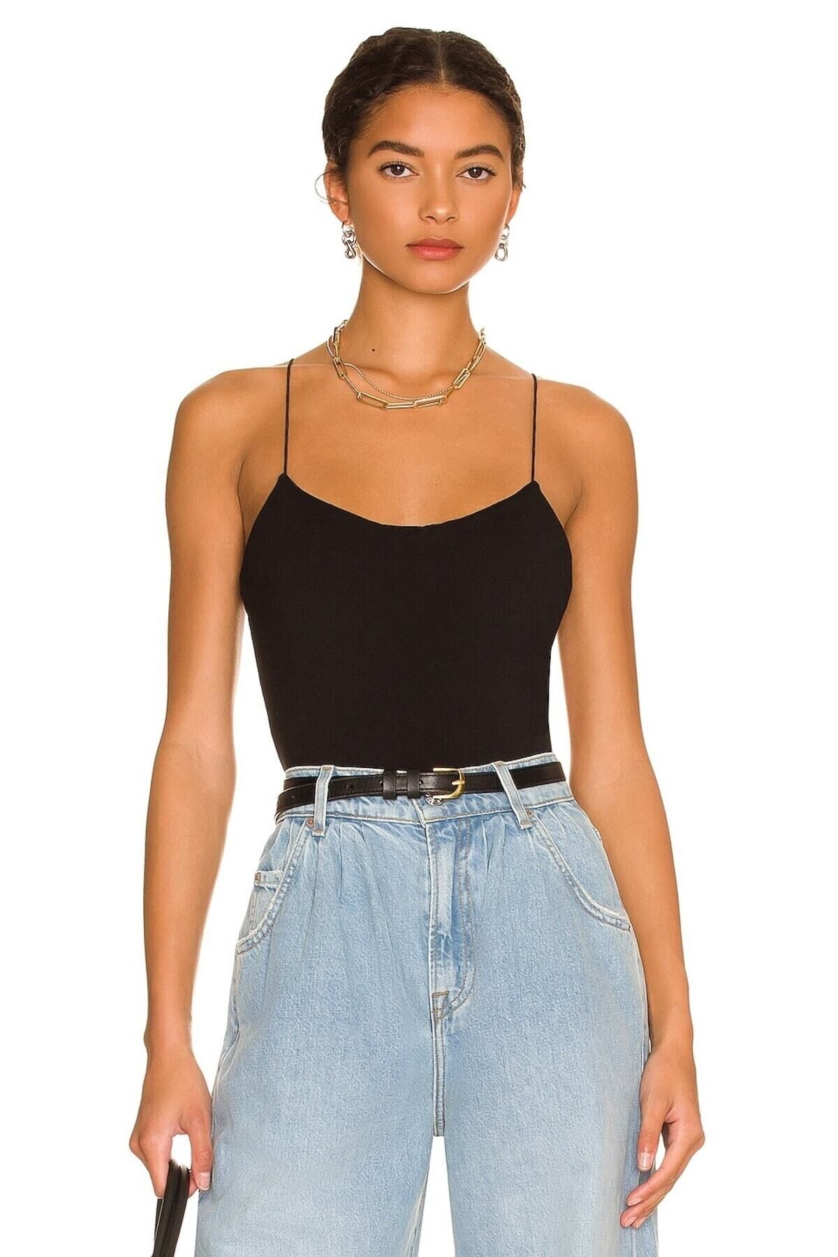 Kadın Siyah Ip Askılı Sırt Dekolte Jarse Bodysuit