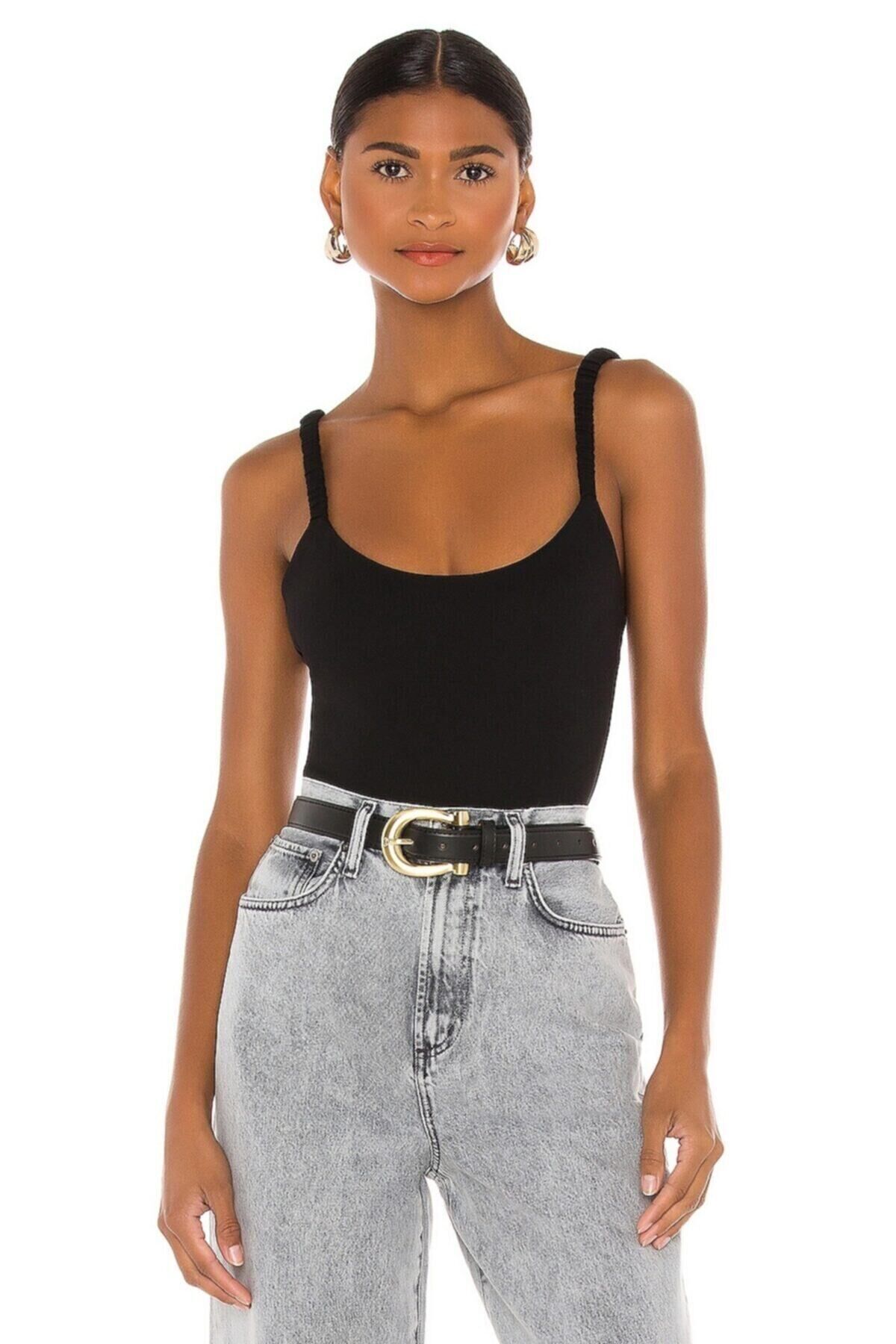 Kadın Siyah Askılı Ipek Jarse Bodysuit