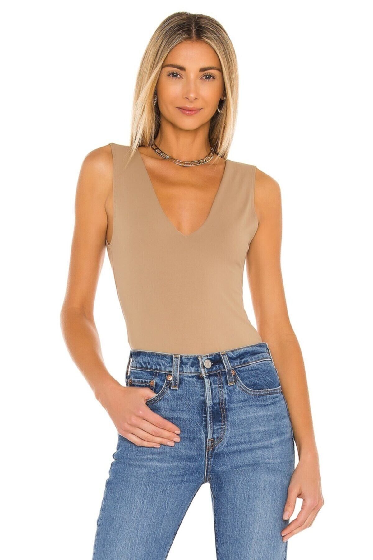 Kadın V Yaka Kolsuz Sırt Dekolte Ipek Jarse Bodysuit