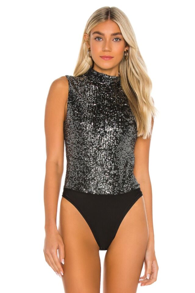 Kadın Siyah Payet Sıfır Kol Bodysuit