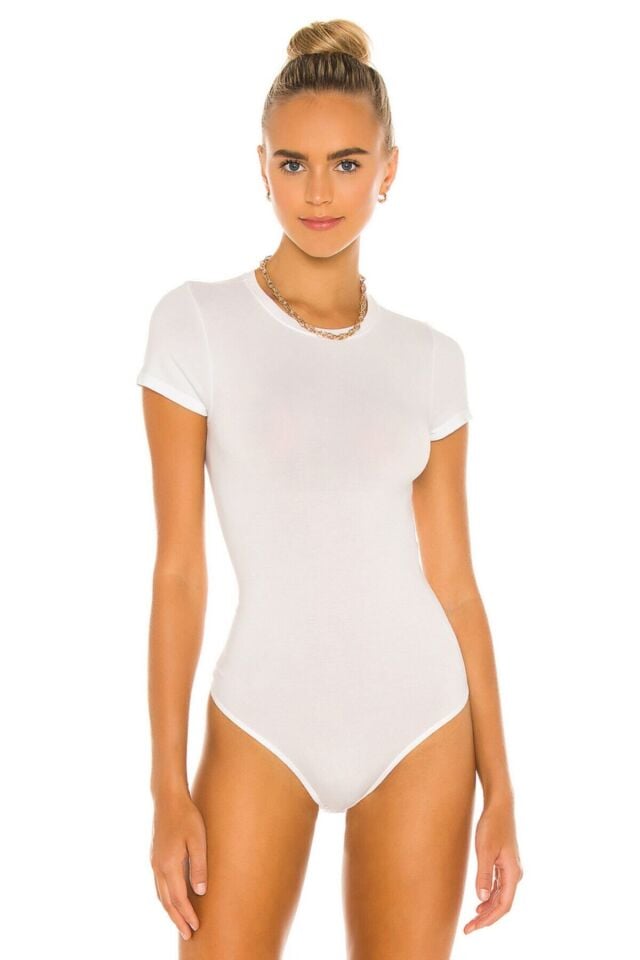 Kadın Beyaz Bisiklet Yaka İpek Jarse Bodysuit