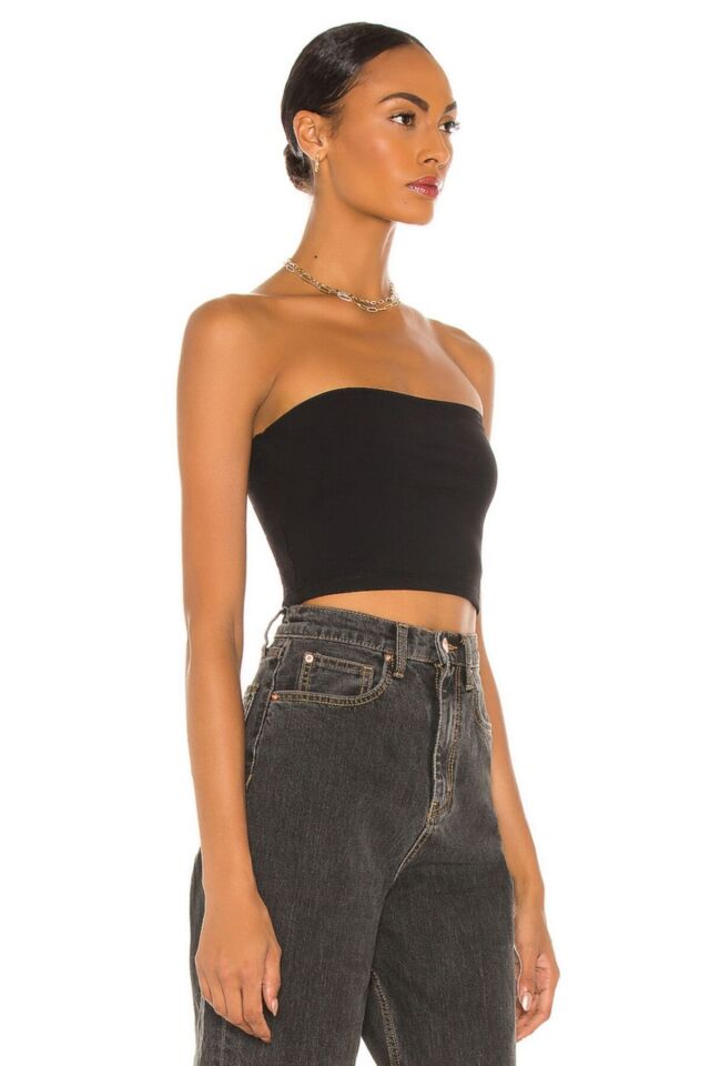 Kadın Siyah Straplez Ipek Jarse Crop Top