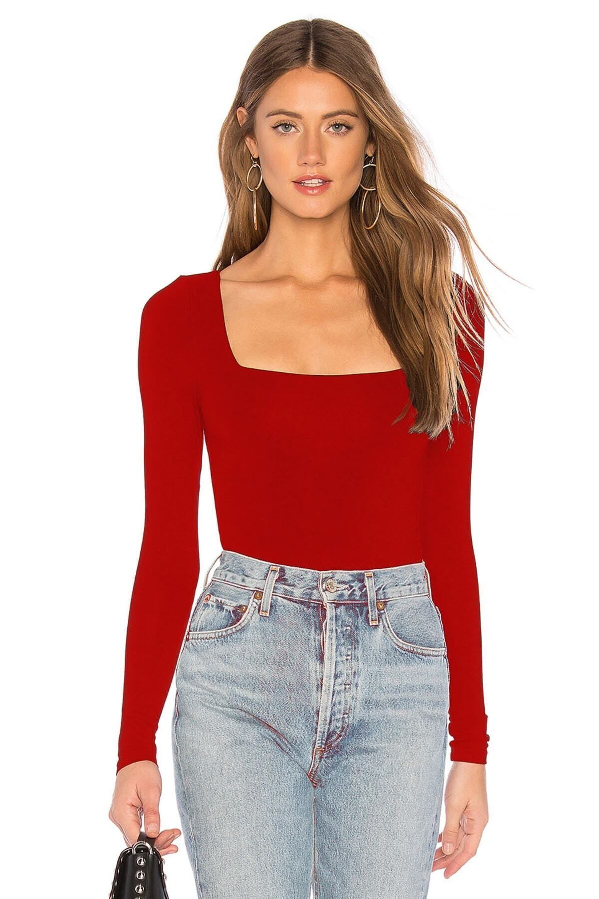 Kadın Kırmızı Jarse Kare Yaka Uzun Kollu Bodysuit