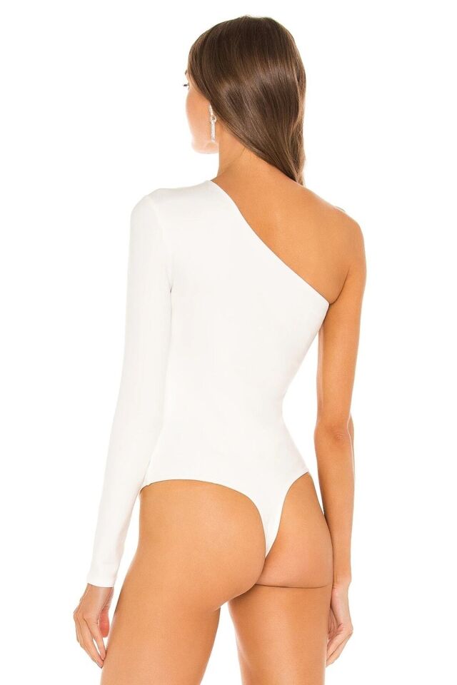 Kadın Beyaz Çift Kat Jarse Asimetrik Kesim Göğüs Dekolteli Bodysuit