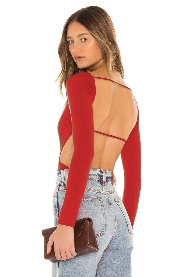 Kadın Kırmızı Kayık Yaka Sırt Dekolte Jarse Bodysuit