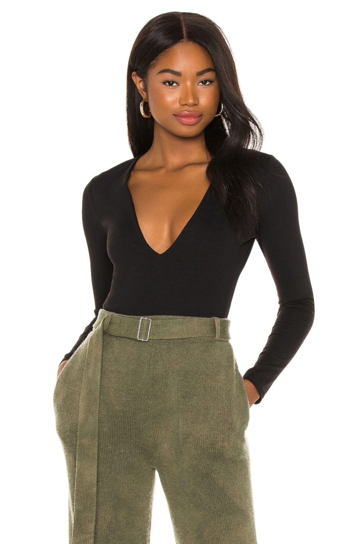 Kadın Derin V Yaka Ipek Jarse Bodysuit