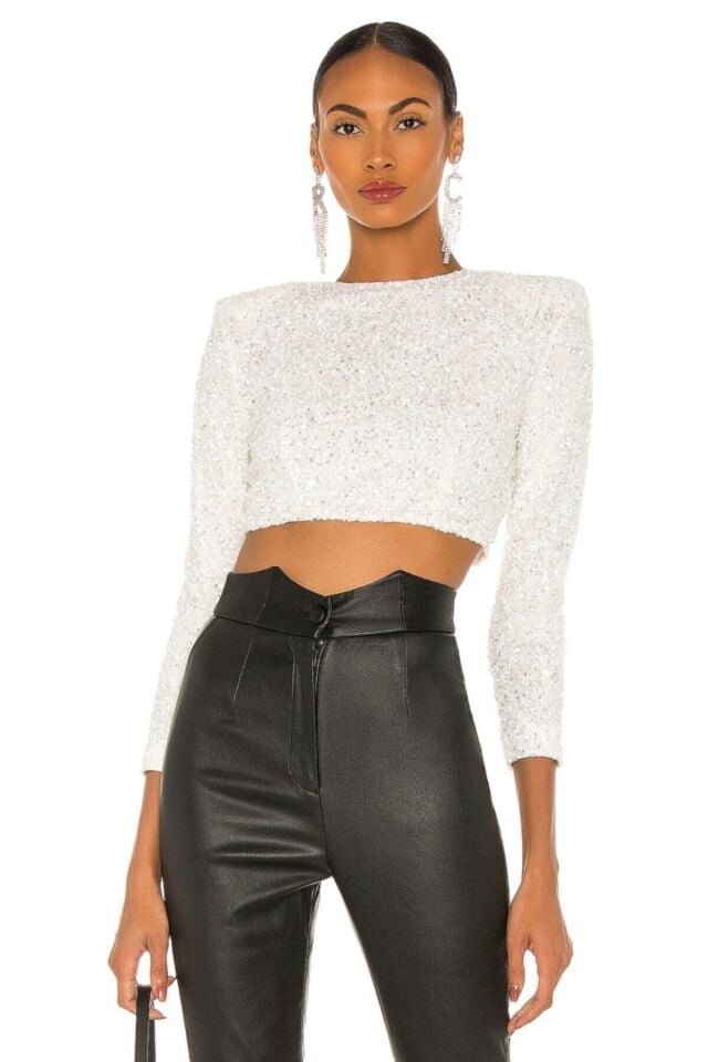 Kadın Beyaz Payet Uzun Kol Crop Top