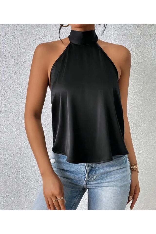 Kadın Boyundan Bağlamalı Saten Crop