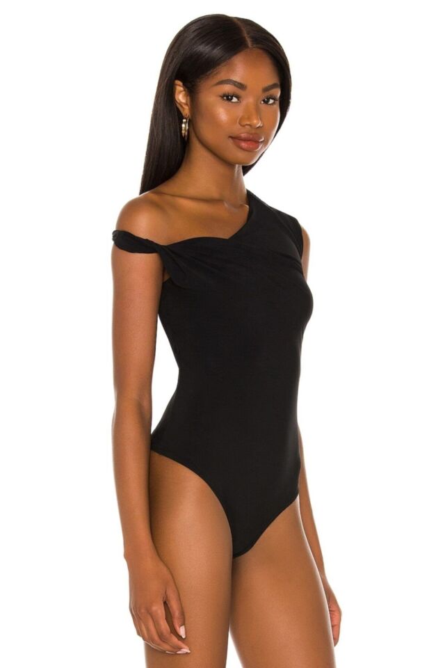 Kadın Siyah Asimetrik Kesim Ipek Jarse Bodysuit