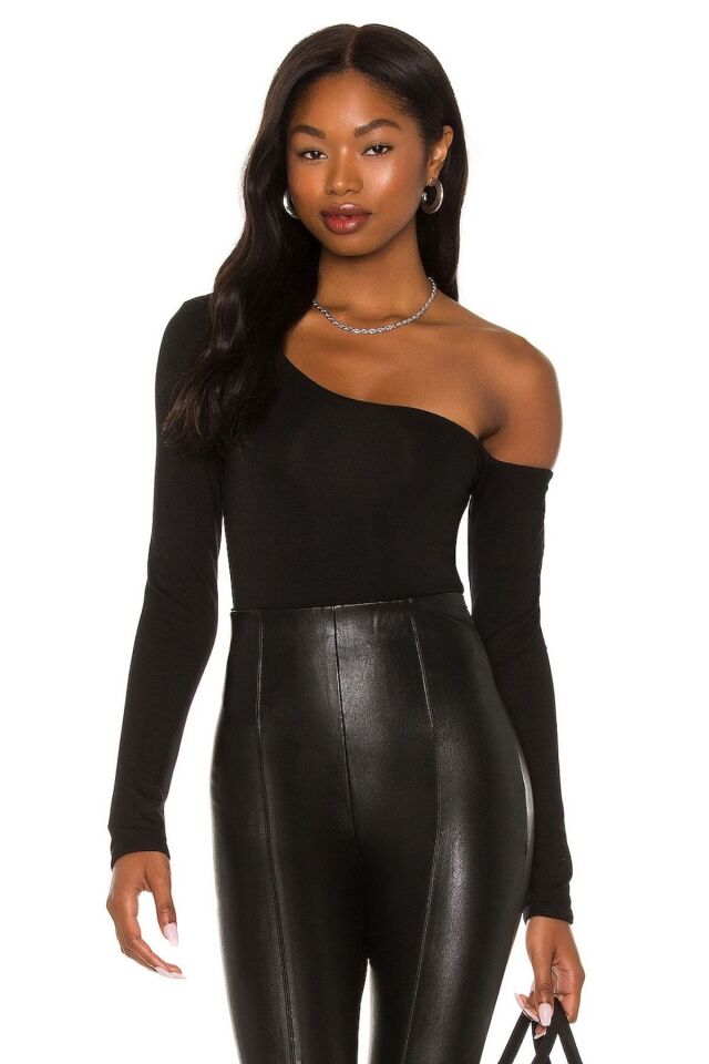 Kadın Siyah Uzun Kol Asimetrik Kesim Jarse Bodysuit