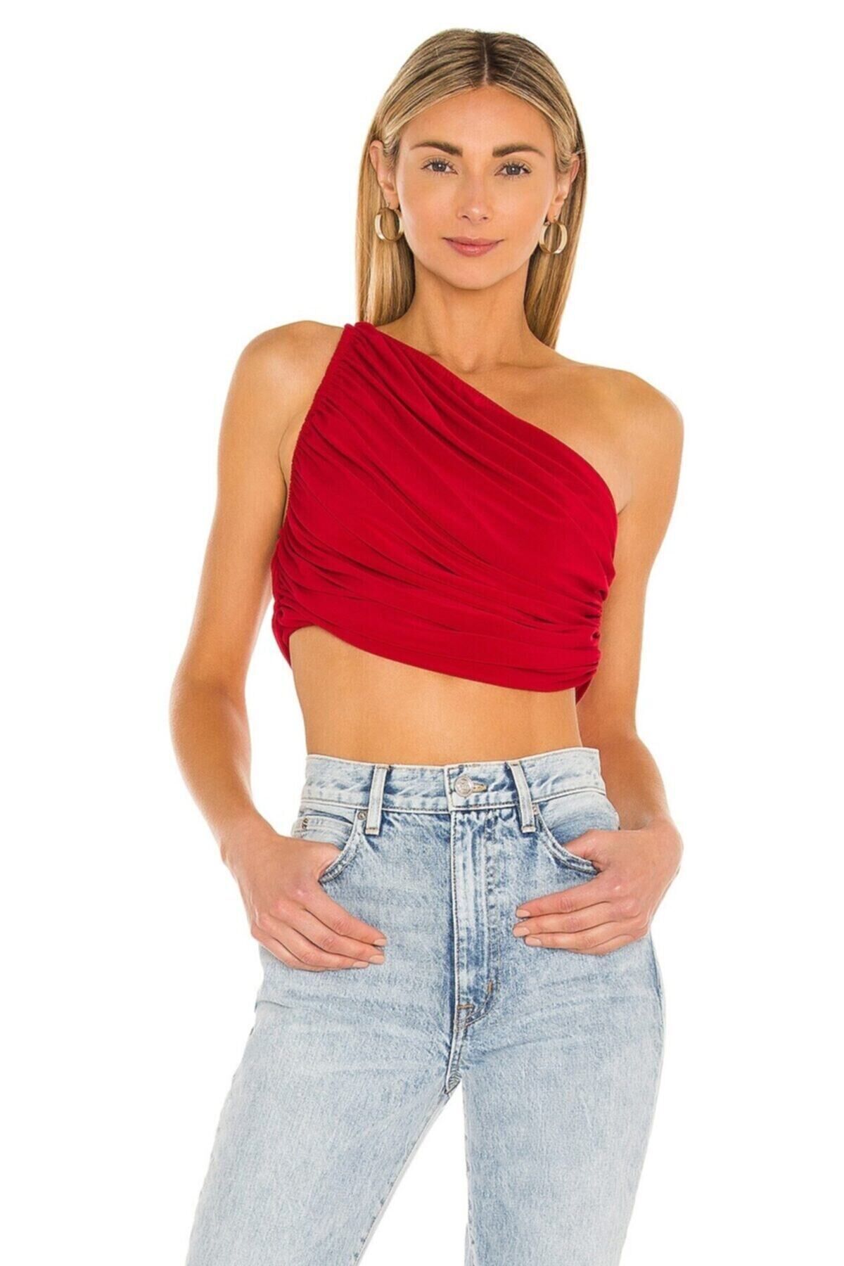 Kadın Kırmızı Tek Omuz Ipek Jarse Crop Top