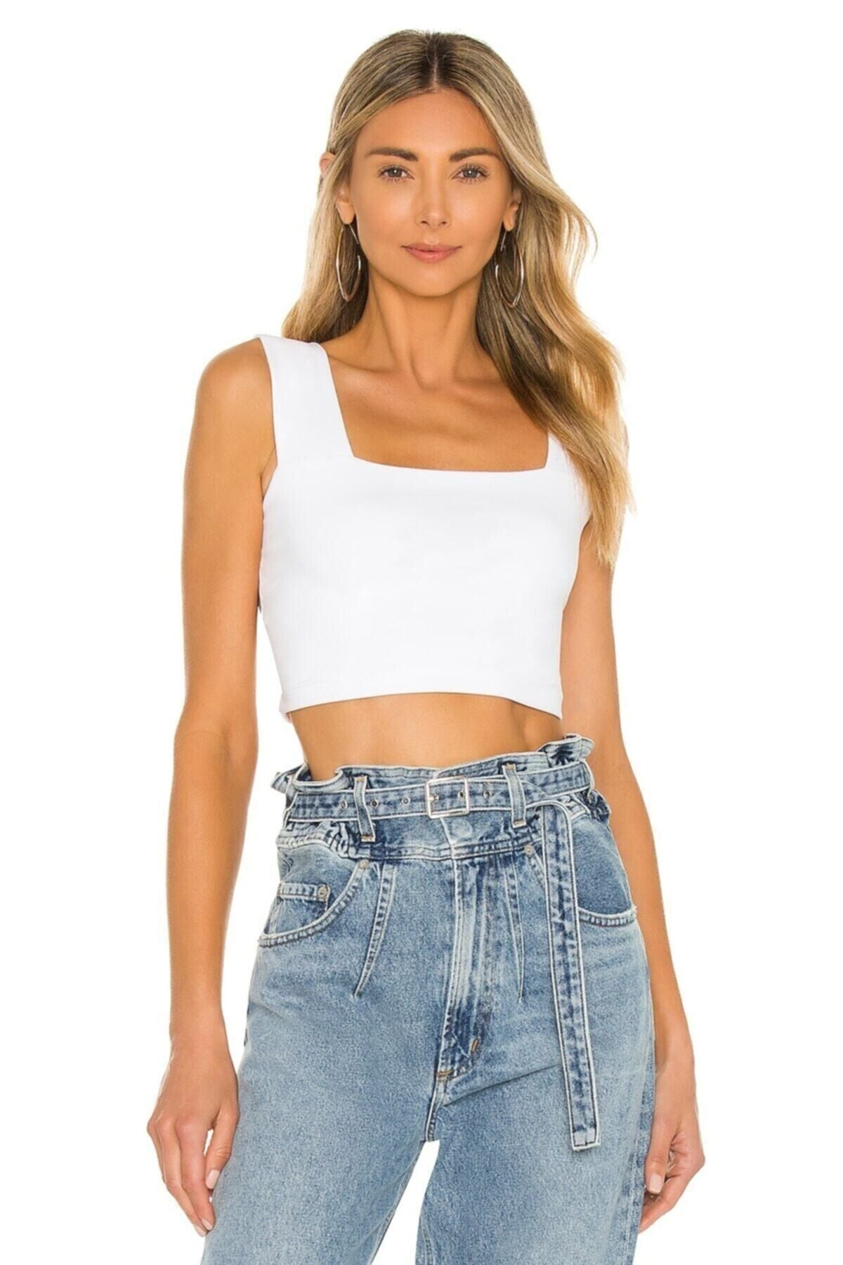 Kadın Beyaz Kalın Askılı Crop Top