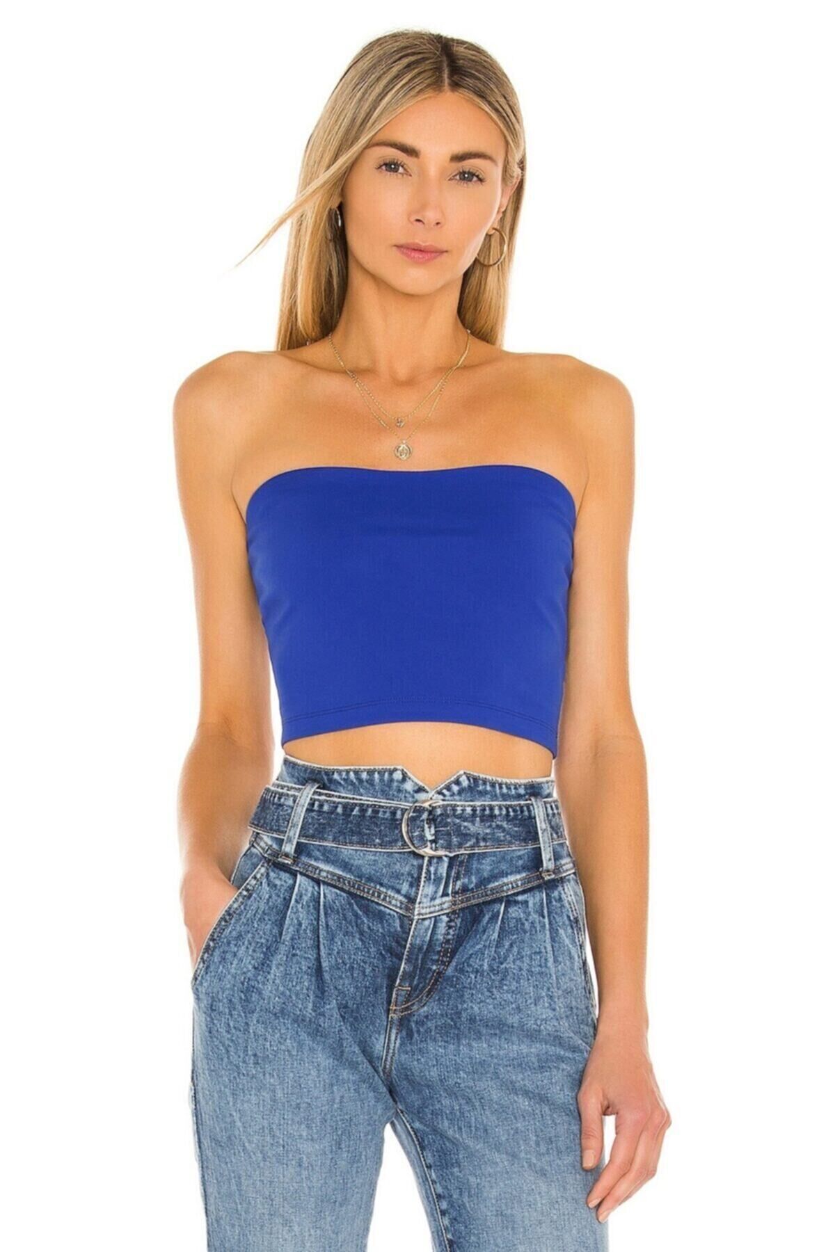 Kadın Mavi Straplez Ipek Jarse Crop Top