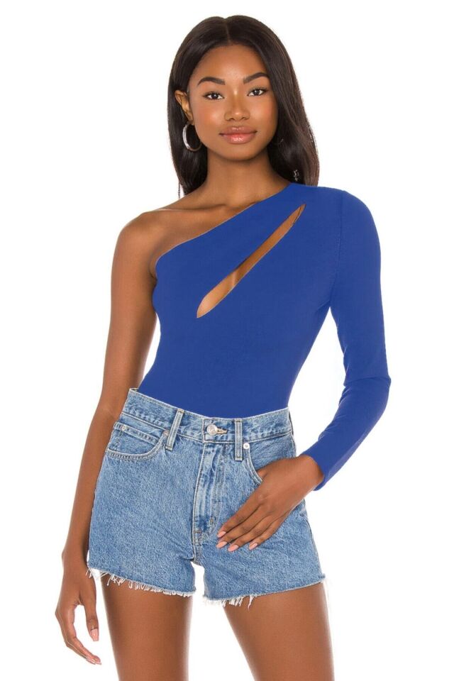 Kadın Saks Mavi Asimetrik Kesim İpek Jarse Bodysuit