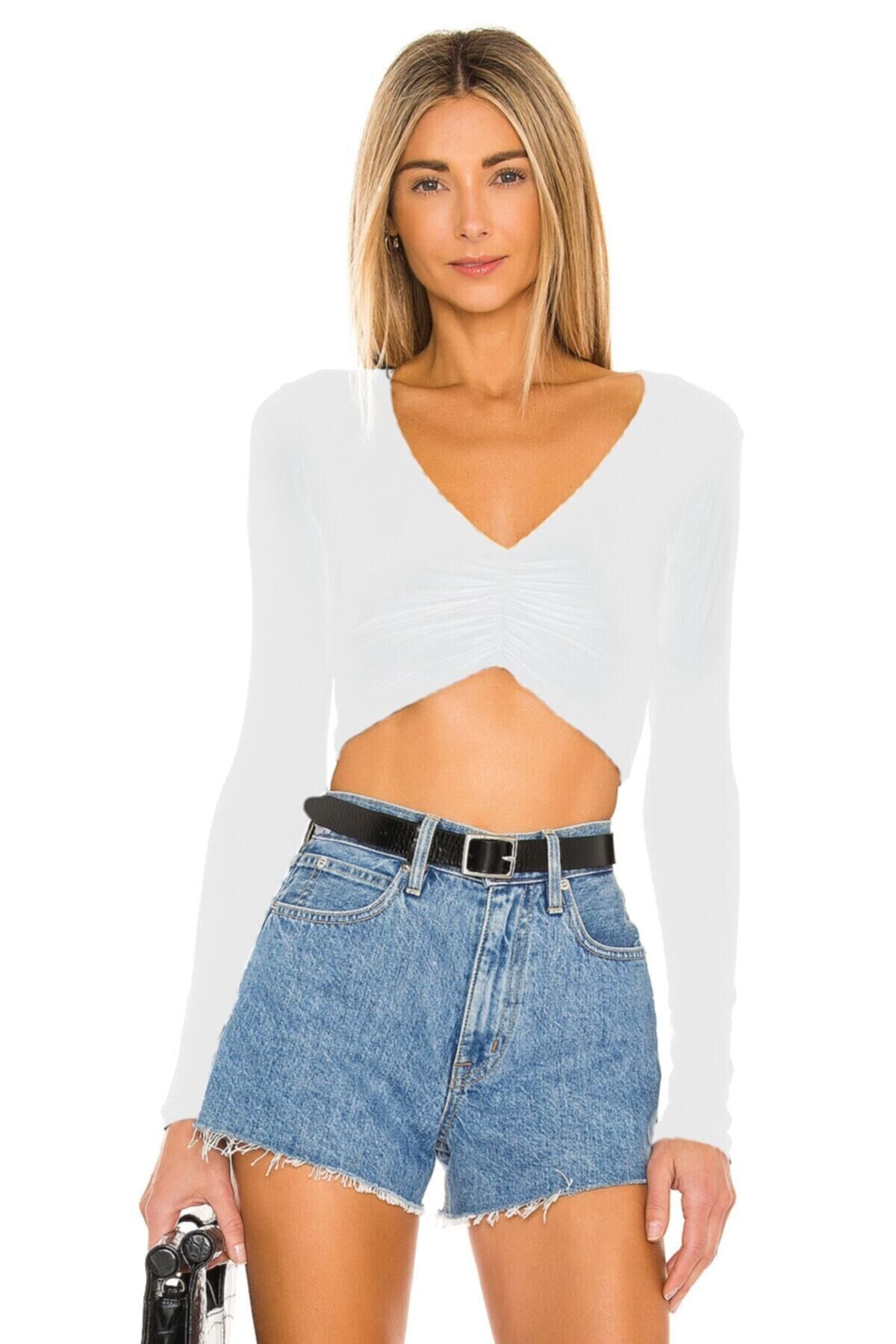 Kadın Beyaz V Yaka Crop Top