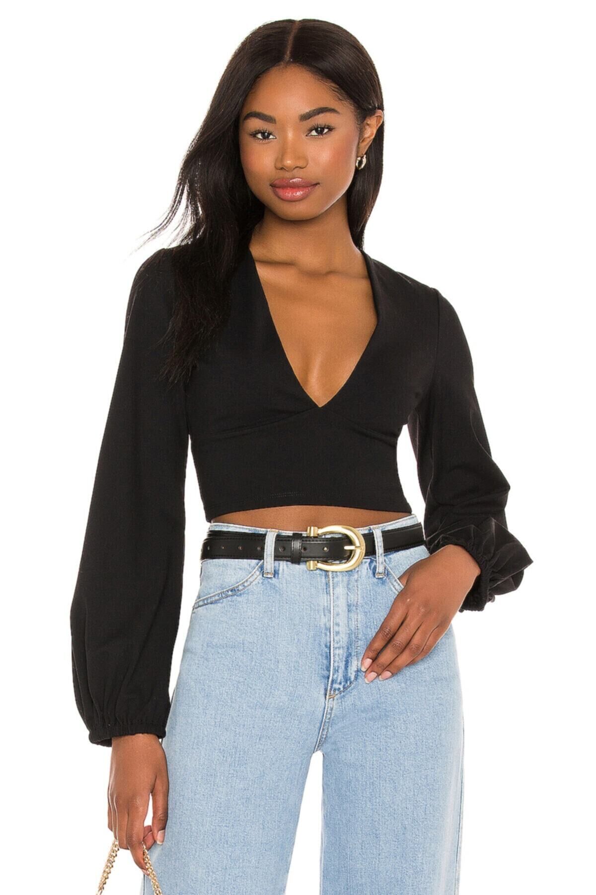 Kadın Siyah Göğüs Dekolte Ipek Jarse Crop Top