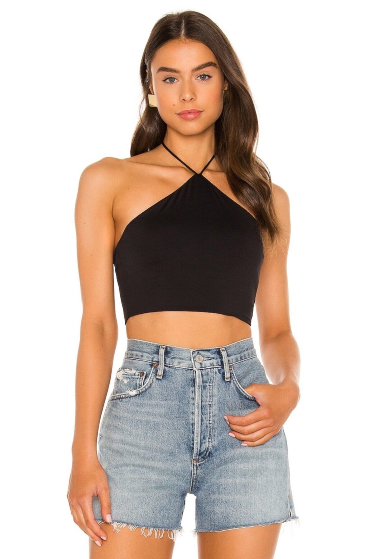 Kadın Siyah Boyundan Bağlamalı Ipek Jarse Crop Top