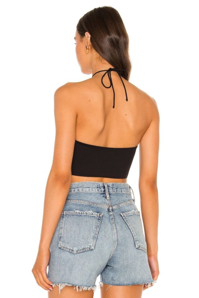 Kadın Siyah Boyundan Bağlamalı Ipek Jarse Crop Top