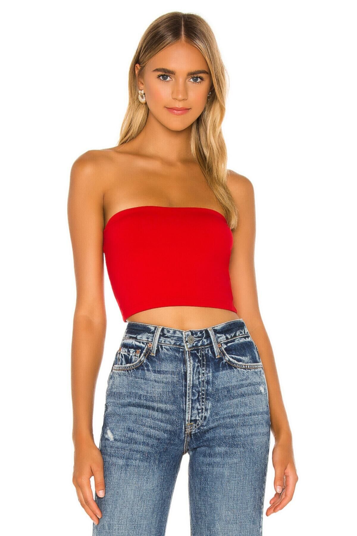 Kadın Kırmızı Straplez Ipek Jarse Crop Top