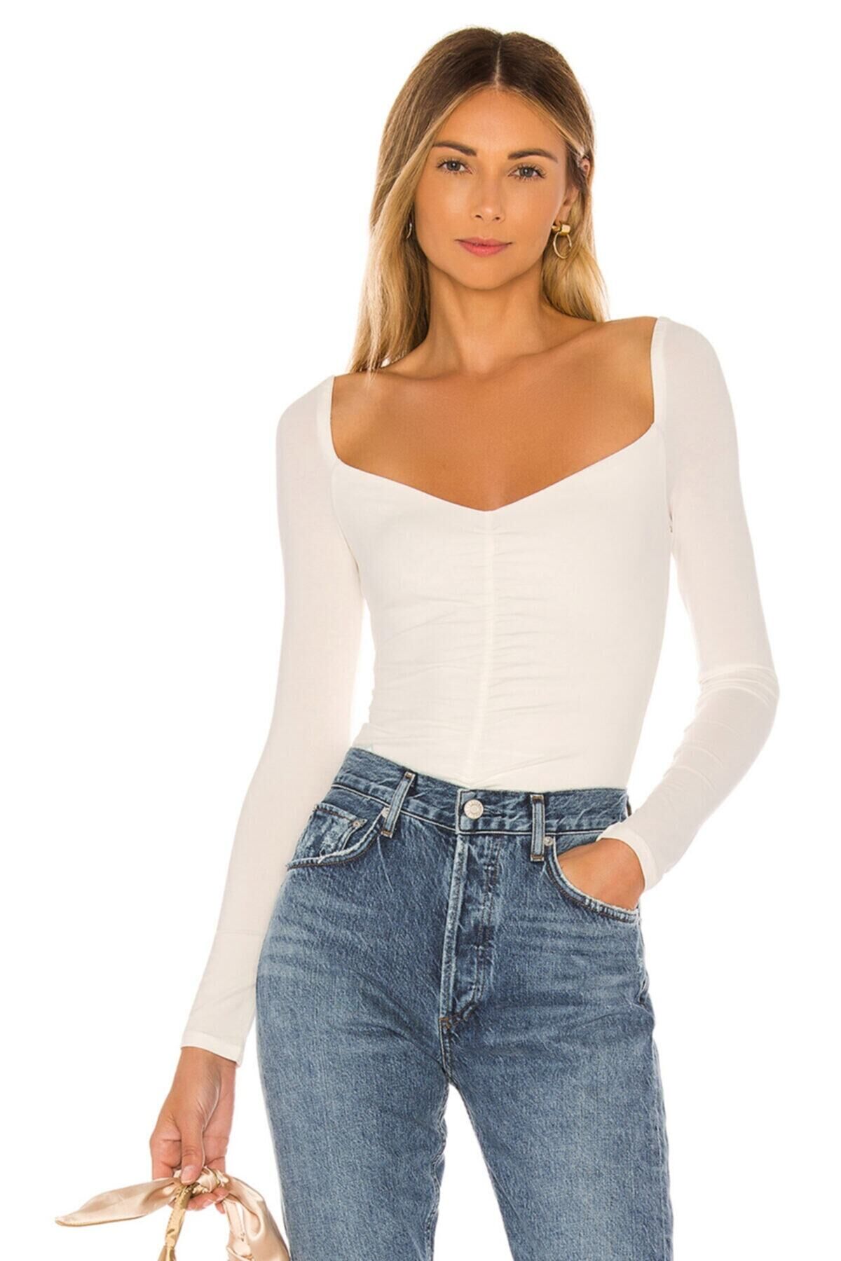 Kadın Beyaz Önü Büzgü Detay Ipek Jarse Bodysuit