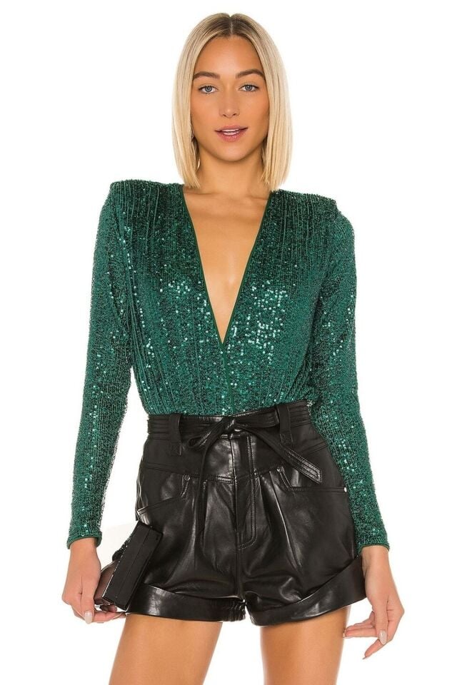 Kadın Derin Dekolte Vatkalı Yeşil Payet Bodysuit