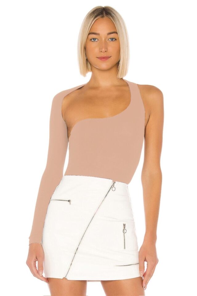 Kadın Bej Asimetrik Kesim Ipek Jarse Bodysuit