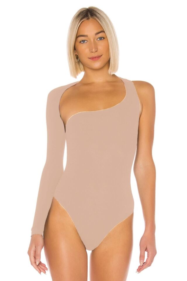 Kadın Bej Asimetrik Kesim Ipek Jarse Bodysuit