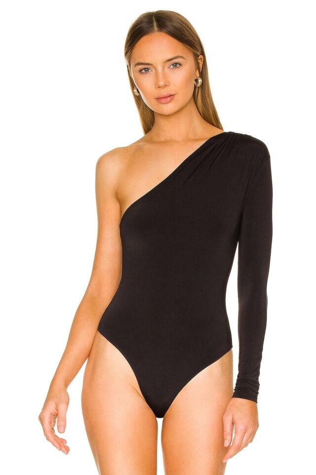 Kadın Siyah Tek Kol Büzgülü Jarse Bodysuit